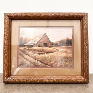Vintage Wood Framed Ruane Manning Country Barn Print Wall Art Moody Deco 10 X 12